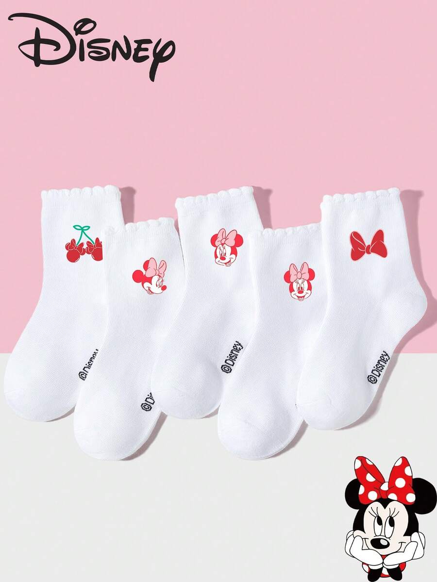 Disney 1/5/10双装春夏儿童/女童蕾丝袜，可爱卡通米奇/米妮图案，时尚柔软透气，适合返校、校园、运动、课堂、新学期等场合，学生适用。 - 彩色 - 查看 1