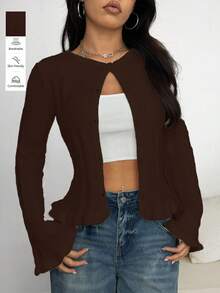 Women's Cute Y2K Streetwear Textured Round Neck Long Sleeve Ruffle Trim Buttons Knitted Sweater Cardigan Tops Women's Casual Daily Wear Homecoming Country Concert Fall Winter Going Out Outfits Clothes Christmas New Year Gift