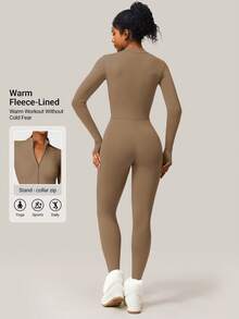 YEOREO Winter Skiwear  Fall Clothes For Women Fleece Long Sleeve Zipper Jumpsuit Zip Up Romper Bottom Pants Bodysuit Bodycon Sexy One Piece Fabric Spandex Tops Stretchy Flexible Bodysuit - 駱駝棕 - 查看 2