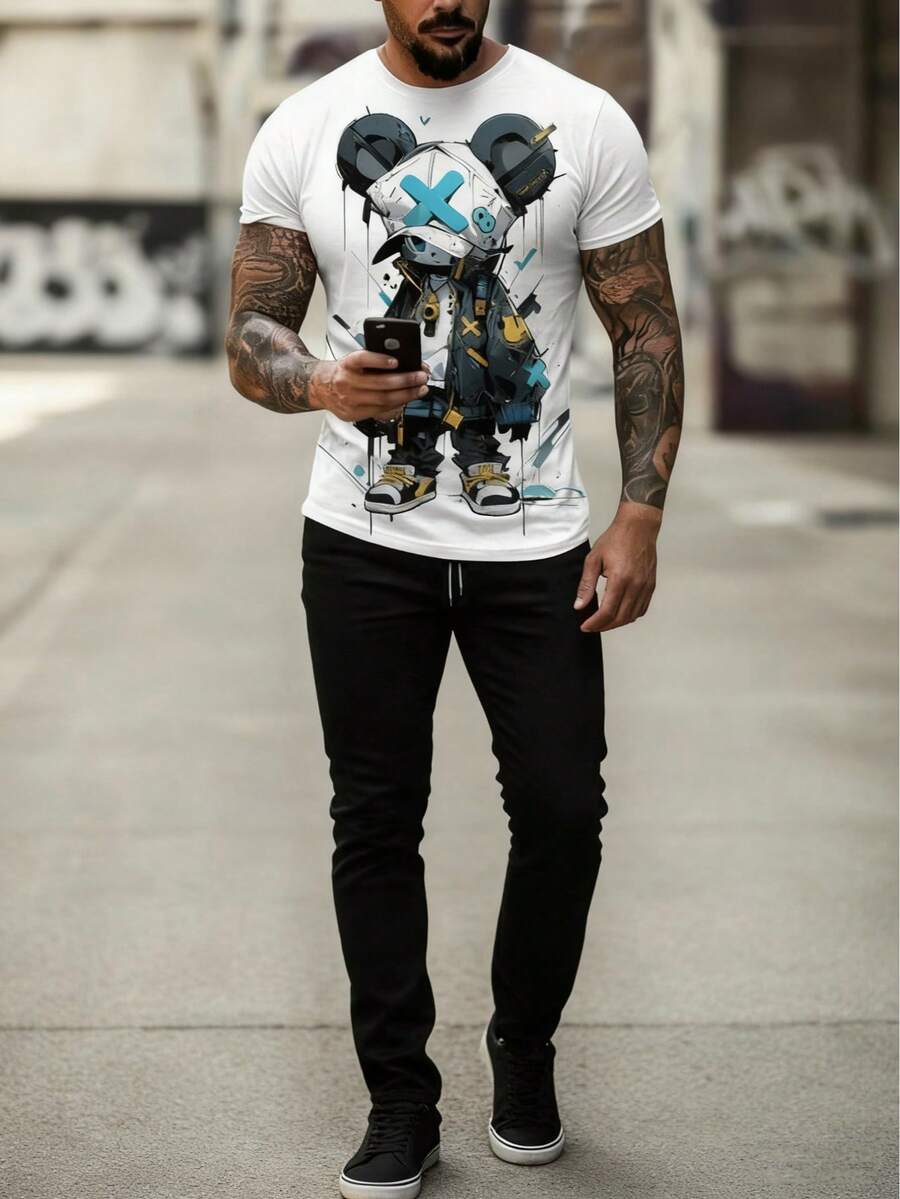 男士朋克熊印花短袖T恤和裤子套装 - 彩色 - 查看 1