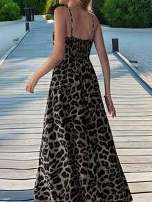 女士豹纹无袖露背高腰连衣裙，优雅 - 卡其色 - 查看 5