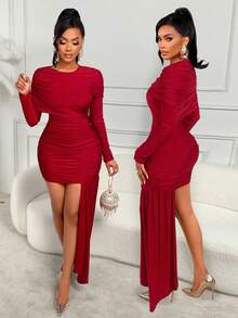 AIJ Amarilo Women's Autumn/Winter Fashion Sexy Going Out Date Party Cocktail Ball Gown Wrap Ruched Long Sleeve Waist Ruched Hip Patchwork Solid Color Mini Dress - Burgundy - View 3