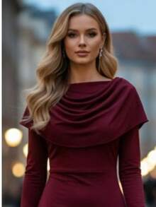 Women's Shawl Collar Draped Burgundy Long Dress