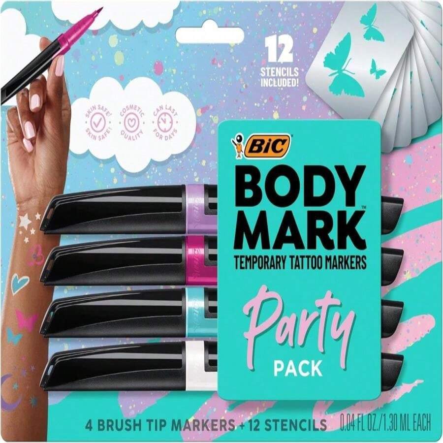 BIC BodyMark Party Pack Temporary Tattoo Marker For Skin, Premium Brush Tip, Gifts For Teens, 4 Count Pack - 白色 - 查看 1