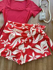 KISTYLE Women's Set Consisting Of A Spandex Bodysuit And A Printed, Lined Skirt With Shorts. - vermelho.com vermelho\flor - Xem 3
