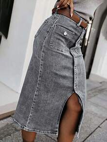High Waist Denim Skirt, Women Single-Breasted Front Slit Bodycon Stretch Denim Skirt - Light Grey - View 5