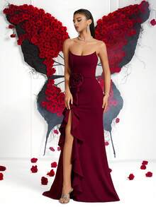 Women's Elegant Solid Color Tube Top High Waist Lotus Leaf Three-Dimensional Flower High Slit Backless Lace-Up Floor-Length Prom Party Dress For Prom Gown Wedding Guest Dancy Party Homecoming Date Night Formal Dinner Birthday Party Festival Party Family Party