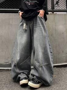 1pc Men's Distressed Vintage Wash Loose Fit Patchwork Design Straight Leg Jeans (Belt And Accessories Not Included) - Grey - View 3