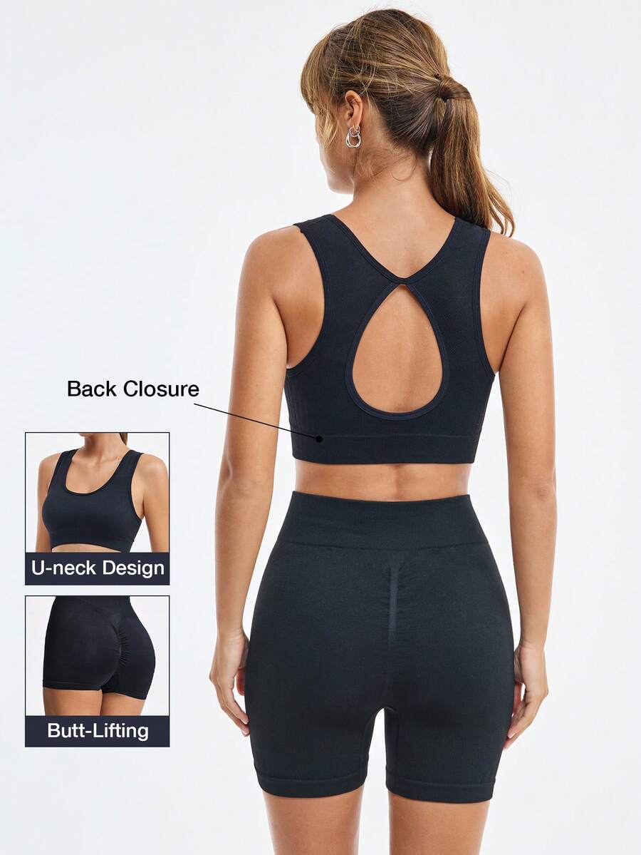 Loungeista 1 Set Women Sports Bra And Panty Sets Casual Solid Color Sports Fitness Fashion Sleeveless Top And Shorts Set Comfortable Sportswear Suitable For Sports Running And Outdoor Daily Wear - Black - View 1