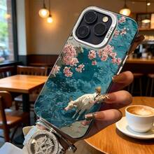 Cubierta de telefono con borde transparente y diseño floral azul con vaca y persona en paisaje acuatico para uso diario en cafeterias - Negro - Ver 6