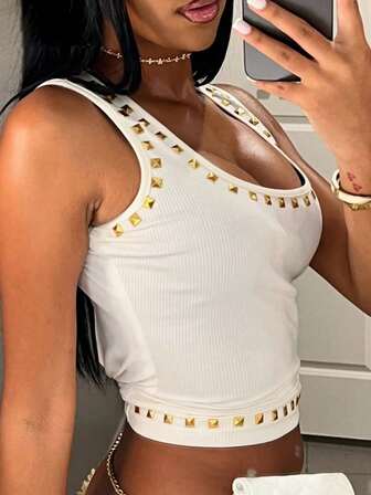 夏季街头纯色修身上衣无袖方领吊带背心亮片露背背心俱乐部女款