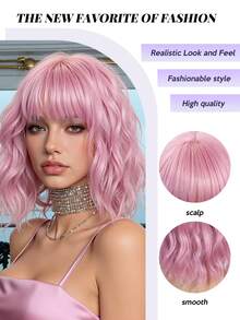 12 Inch Pink Short Curly Wave Wig With Bangs Synthetic Heat Resistant Wig For Women Comfortable And Stylish Suitable For Everyday Wear -Party Holiday Cosplay Or Festival Beautiful Wigs For Women - Pink - View 8