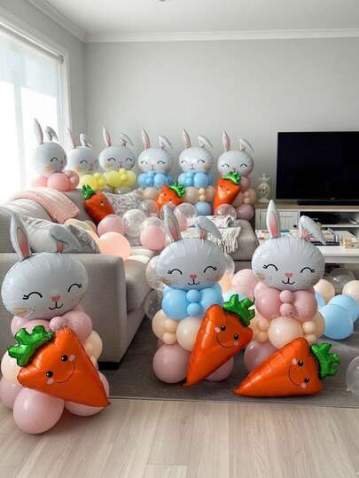 20pcs/21pcs Easter Party Decoration Balloon Set, 3 Styles, Giant Cute Lop-Eared Rabbit Foil Balloons, 12" Clear Latex Balloons (Gold Glitter), 10" Macaron Pink, Macaron Blue, Skin Tone Latex Balloons, Suitable For Easter Party Arch, Easter Party Balloon Wreath Decorations