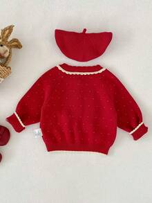 秋冬新款婴儿服装，可爱爱心兔子提花针织开衫，圆领长袖红色圣诞新年风格开襟毛衣 - 紅色 - 查看 4