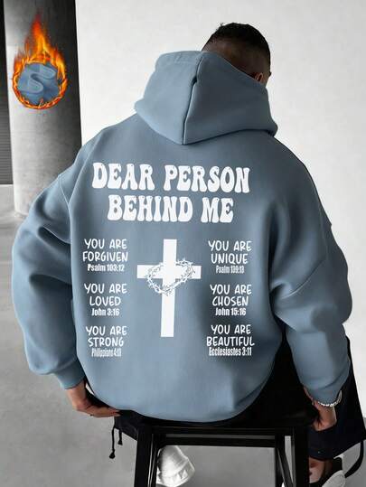 男士休闲街头连帽衫，饰有十字架元素和英文标语印花，秋冬款