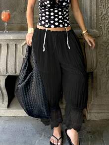 女士舒适百搭秋冬蕾丝拼布灯笼七分裤 - 黑色 - 查看 2