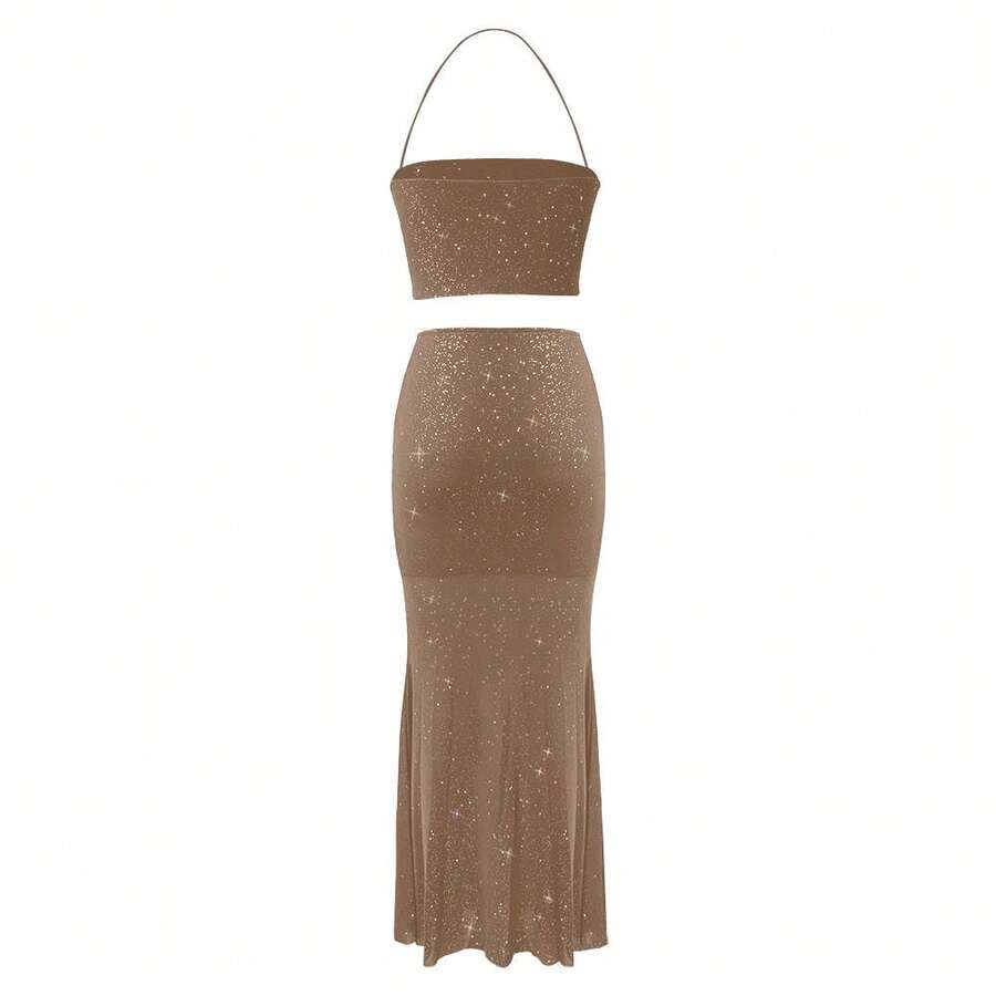 闪光亮片吊带上衣和鱼尾裙性感婚礼派对浪漫两件套婚礼宾客服装、鸡尾酒会 - 卡其色 - 查看 1