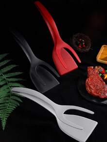 3/1pc 2-In-1 Spatula And Tongs, Non-Stick Pancake Flipper, Egg Flip Tongs, Kitchen Egg Turning Spatula, Omelette Spatula Egg Tongs, Multi-Purpose Non-Stick Kitchen Tools, Omelette Maker Cooking Utensils For Steak, Omelette, Pancake, Egg, Grill (Red, Black, Grey) - Multicolor - View 2