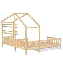 Children's Cabin Bed With Drawers And Shelves, Solid Wood With Guardrail And Slatted Base, L-Shaped Structure, Natural (90x200 Cm+140x70cm) - Natural Color - View 7
