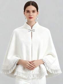 1 قطعة شال عروس جديد من الفرو الاصطناعي، كارديجان قصير أبيض الشراشيب، معطف صيني أنيق دافئ للموسم الخريفي/الشتوي للمرأة البدينة