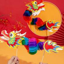 Chinese Style Paper Dragon, Handheld Decoration, New Year Handmade DIY Paper Dragon, Hard Paper Honeycomb Ball Pull Flower Paper Dragon, Can Dance Paper Dragon, Christmas, Valentine's Day, New Year Gift - Multicolor - View 7