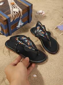 Girls' Fashion Slippers, New Summer Design With Embroidered Butterfly, Stylish, Generous, Lightweight And Flat - Black - View 4