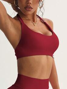 Women's Solid Color Quick Drying Comfortable High Elasticity Bra, Suitable For Yoga, Girls' Gym Exercise, Pilates Exercise, All Season Knitted Camisole Women's Underwear, Giving You The Best Exercise Experience, Women's All Season Sports Underwear - 紅色 - 查看 4