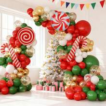 98/114pcs Christmas Balloons Garland Arch Kit, Gold Balloonswith Candy Cane Foil Balloons For Christmas Holiday Candy Theme Birthday Decorations Xmas Supplies
