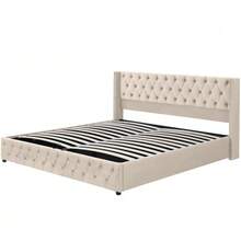 Upholstered Bed In An Ear Shape. Double Row Of Flannel Rivets, Buttoned Seams At The Head And Foot Of The Bed, Double Bed 140*200. Functional Hydraulic Bed. The Slatted Base Is Covered In Black, Stain-Resistant Fleece, Grey. - Beige 1 - View 7
