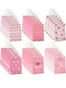 12pcs Valentine's Day Pink Bow Theme Party Gift Bags - Elegant Paper Gift Bags With Handles, Suitable For Weddings, Valentine's Day, Bridal Showers, Birthdays And Special Occasions, Decorated With Bows, Stars And Geometric Patterns, Primarily In Pink Tones, Wedding Party Favors | Distinctive Bow Design | Sturdy Handles Bags, Bridal Shower Gifts - Multicolor - View 8