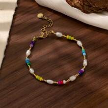 A Colorful Beaded Bracelet In A Leisure And Vacation Style, Made Of Stainless Steel And Adorned With Freshwater Pearls. This Is A Fashionable Handchain For Ladies, Featuring A Bohemian Style. Friendship Bracelet. - Colorful - View 6