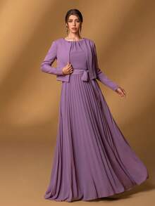 Faeriesty Mosy 优雅两件套新娘母亲礼服套装：圆领无袖A字腰带连衣裙搭配开襟长袖外套 - 完美适用于婚礼、晚宴、教堂仪式、家庭聚会及其他正式场合 春季 - 紫色 - 查看 5