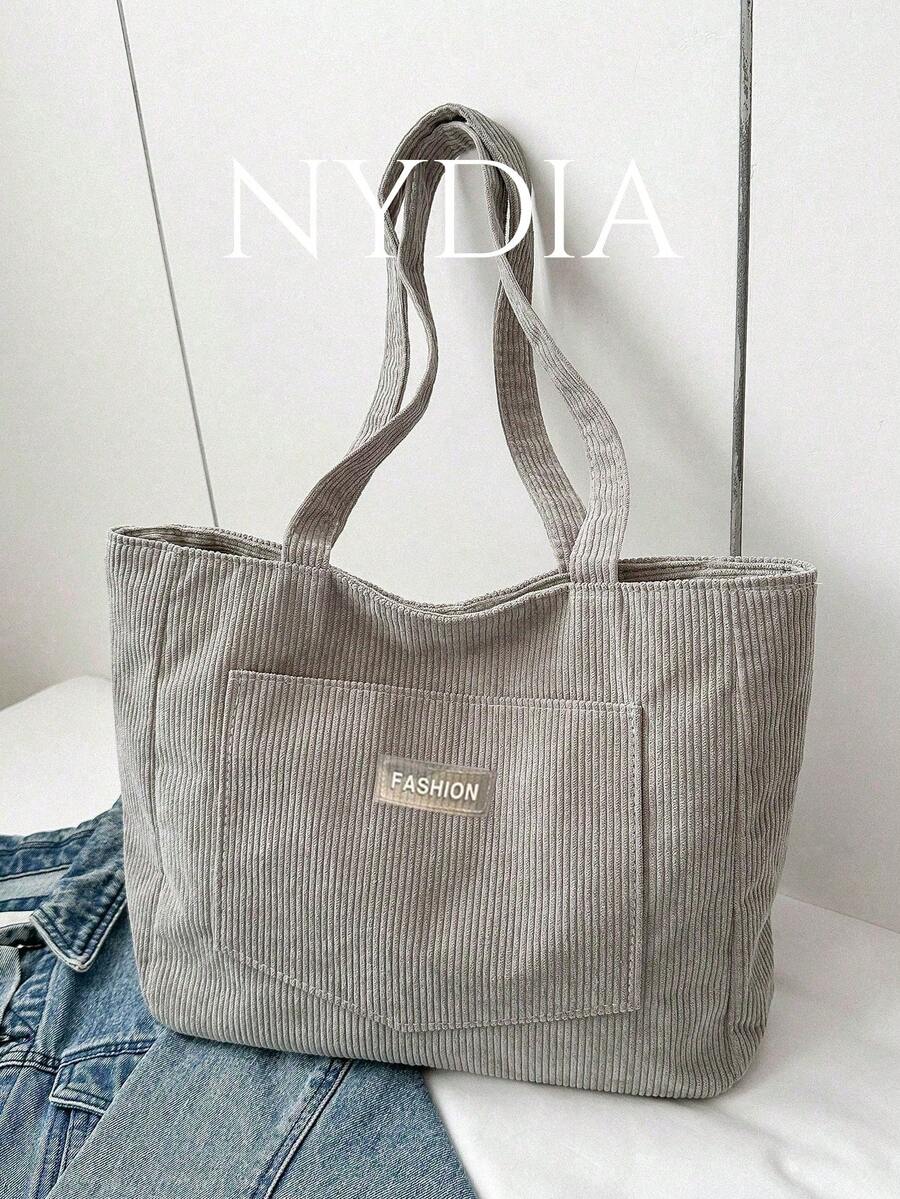 Large Capacity Solid Color Simple Corduroy Tote Bag, New In Fall/Winter Large Capacity Shoulder Tote Bag, Literary School Bag For Teens, Book Bag For Women Or Students, Perfect For Books, Shopping, Back To School And More, Perfectly Matching With Fall Outfits Women - Grey - View 1