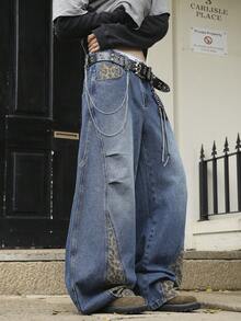 Men's Blue Leopard Print Patchwork Wide Leg Jeans, American Wild Street Style - Blue - View 8