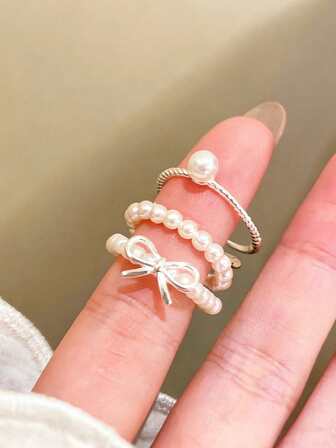 3 pièces Ensemble de bagues élégantes et mignonnes avec perles en forme de nœud papillon, bijoux pour femmes pour un port quotidien