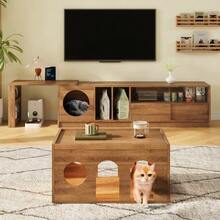 Living Room Furniture Set Including A TV Stand And Coffee Table, 2-Piece TV Unit, Multifunctional Swivel TV Stand, Pet Furniture, TV Stand With Cat Basket, Walnut Furniture Set - Brown - View 3