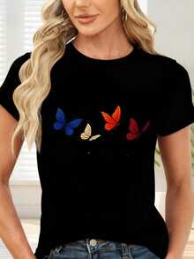 Colorful Butterfly Print T-Shirt For Casual Occasions - Black - View 1