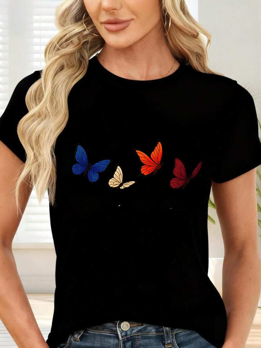 Colorful Butterfly Print T-Shirt For Casual Occasions - Black - View 1