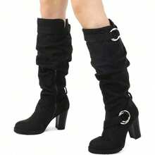 PENNYSUE Women's Knee High Boots, Fashion Chunky Block Heel Warm Winter Boots With Side Zipper For Office And Casual Wear - Da lộn màu đen - Xem 3