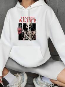 Skeleton Holding Coffee Cup Graphic Oversized Hoodies For Women, Letter Print Winter Clothes, Loose Fit Long Sleeve Pocket Pullover, Womens Sweatshirts Black White Options, Winter Fashion Pullover Tops, Suitable For Parties, Outdoor Activities, And Leisure, Gift For Women, Perfect Holiday Gift, Size S-3XL - 白色 - 查看 1