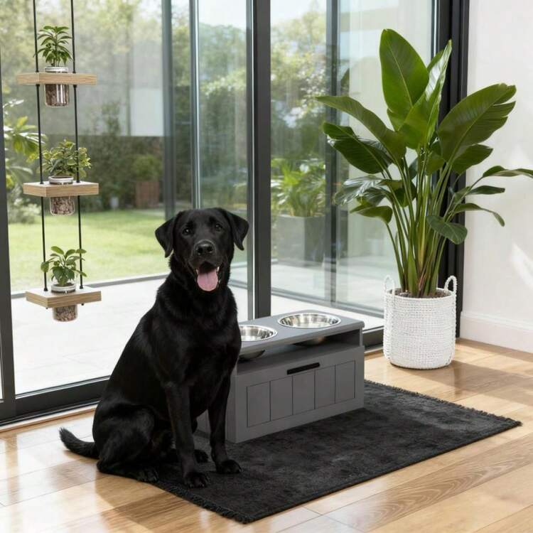 Elevated Dog Bowls With 2 Stainless Steel Bowls - Naturligt + Trä - Visa 1
