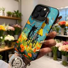 Cubierta de teléfono con diseño artístico para iPhone en color azul turquesa con estampado de niña en bicicleta y flores silvestres estilo pintura al óleo ideal para uso diario y ocasiones casuales Aplicable a los teléfonos de la serie Apple y Galaxy - Negro - Ver 6