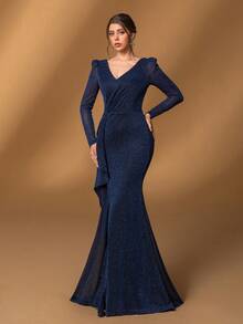 Faeriesty Elegante vestido de novia de cola de sirena con cuello en V, manga larga y volantes para la madre de la novia, para bodas, galas, bailes de graduación, cenas de etiqueta y eventos formales, color negro - Azul Marino - Ver 8