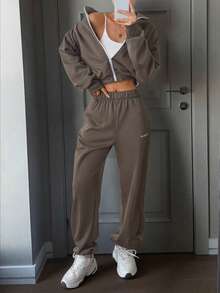 Tuta da donna GAOVOT, composta da felpa con cappuccio e pantaloni a gamba larga, in stile casual e comodo, adatta per l'autunno/inverno, con zip - Grigio - Visualizzare 3