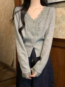 韓国スタイルの純粋な欲望優しいレース V ネック長袖ニットカーディガンカシミヤセーター女性のコート - グレー - チェックする 3