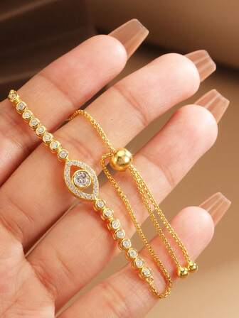 1 pieza Pulsera de cadena de plata esterlina S925, diseño de ojo con circonita cúbica de color dorado, joyería de estilo europeo y americano de moda, regalo para novia, amiga, uso diario