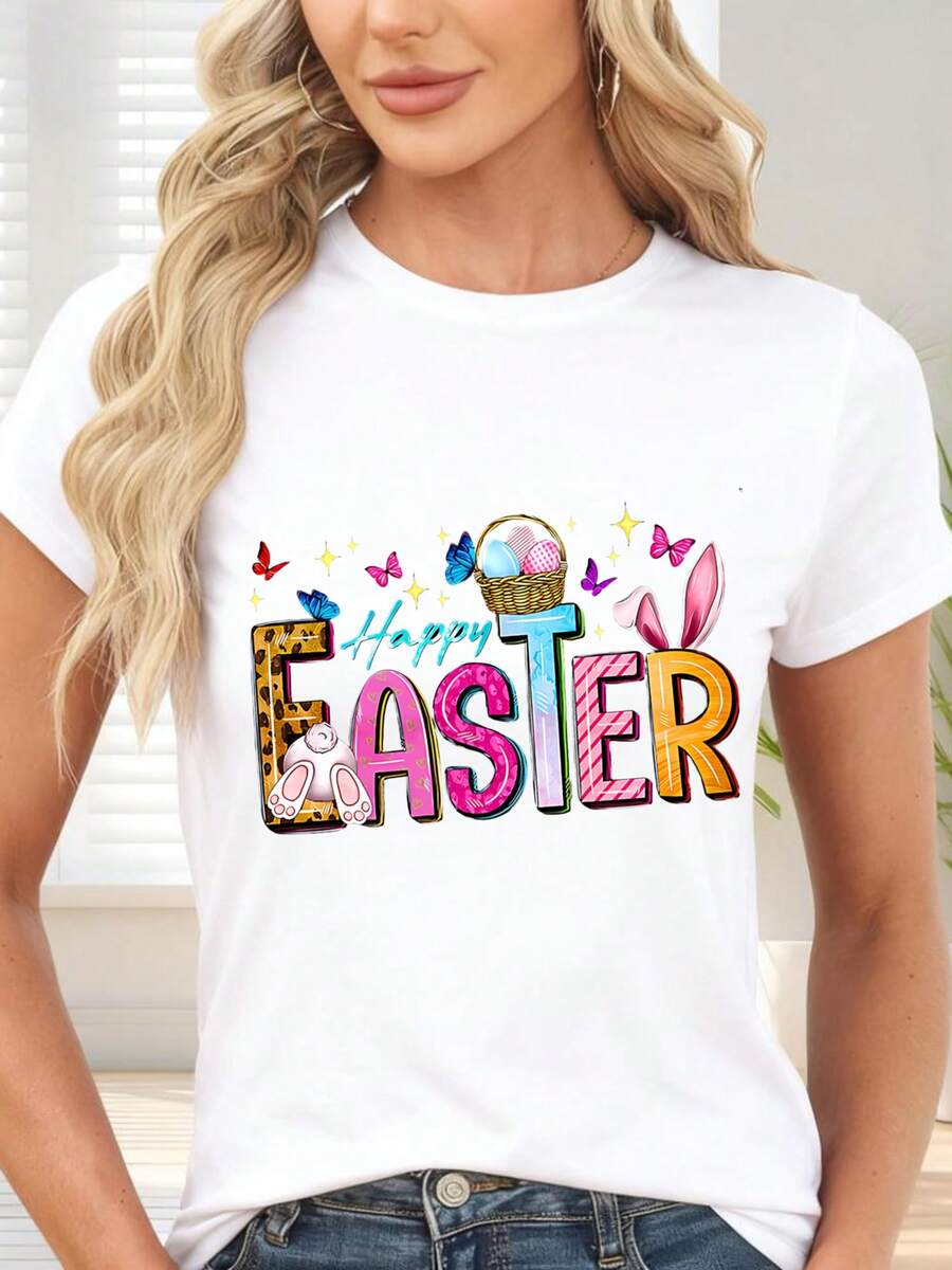 Happy Easter And Colorful Bunny Print T-Shirt For Spring Parties - 白色 - 查看 1