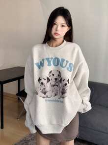秋冬季新款 Z 时代时尚 Y2K 风女款圆领卫衣，可爱波点狗狗印花上衣 - 淺灰色 - 查看 1