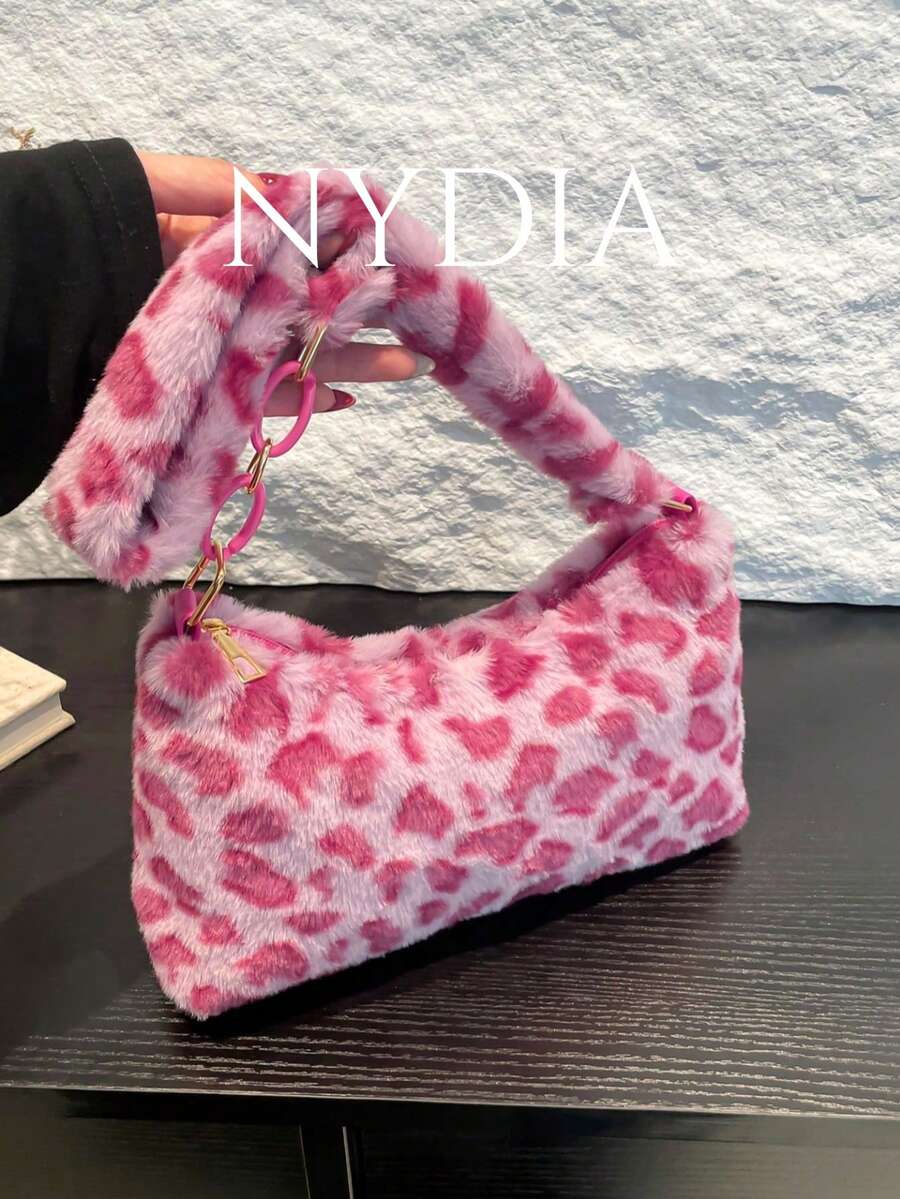 Leopard Print Fluffy Shoulder Bag (Print Placement Random), Perfectly Matching With Fall Outfits Women , Pink - Pink - View 1