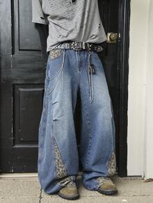 Men's Blue Leopard Print Patchwork Wide Leg Jeans, American Wild Street Style - Blue - View 2